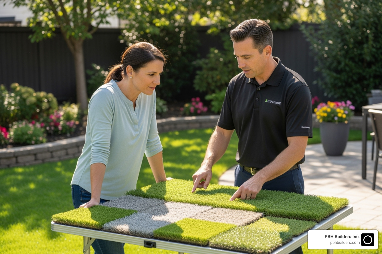 Professional contractor consulting with a homeowner over turf samples - astro turf contractors