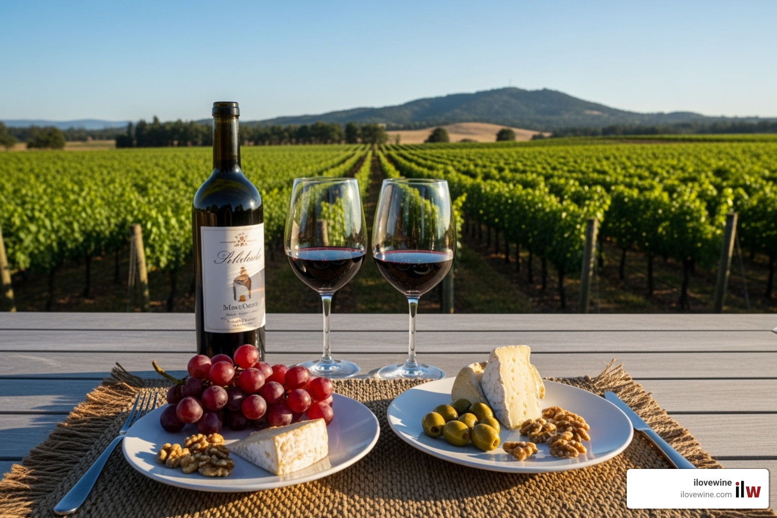 neat food and wine pairing on a patio overlooking a vineyard - slo wineries