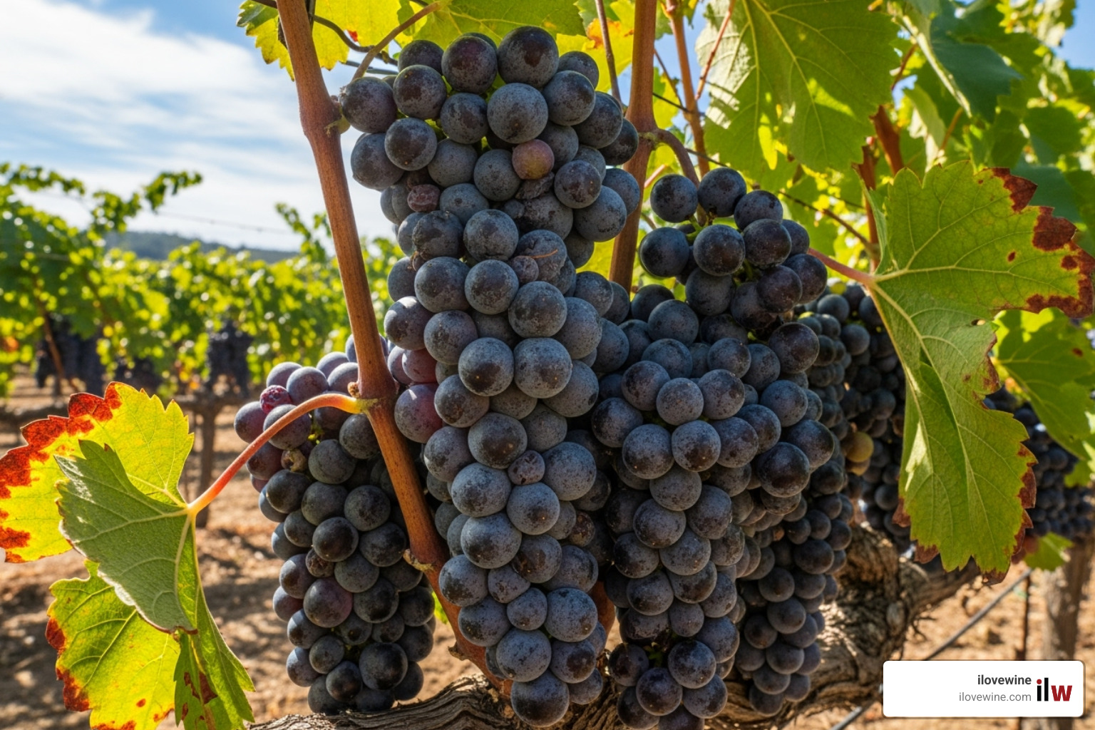 dark, ripe Cabernet Sauvignon grapes on the vine in a sunny Paso Robles vineyard - slo wineries