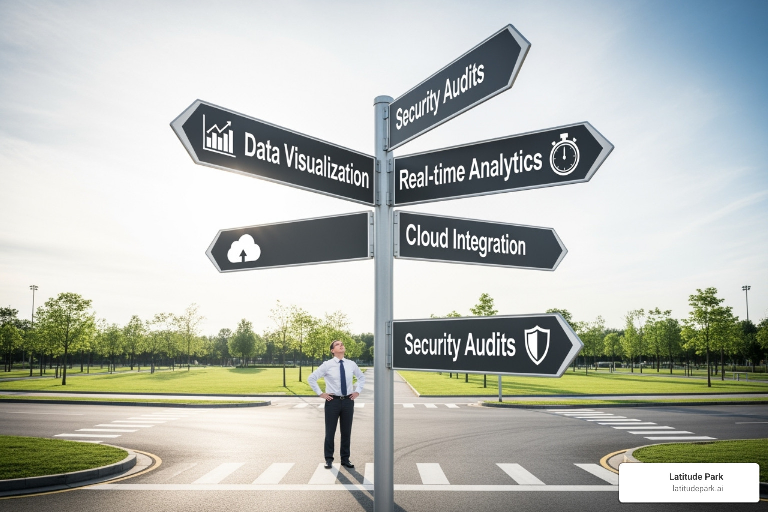 person at a crossroads with signs pointing to different software features - small business automation tools