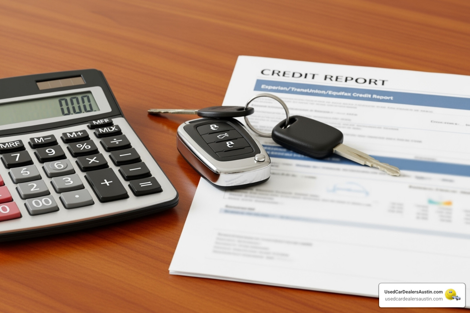 calculator with car keys and a credit report - auto loans in austin