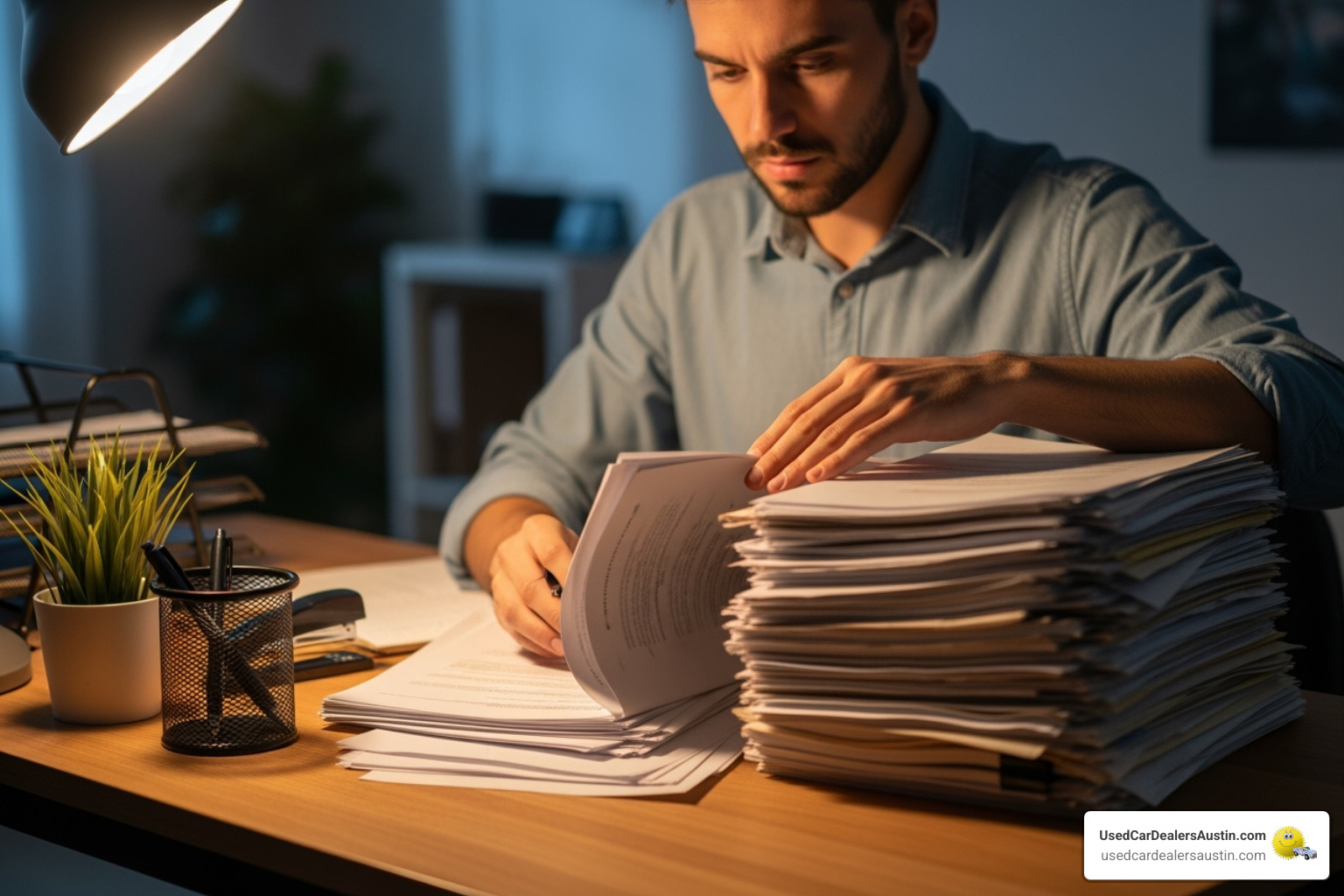 person organizing documents at a desk - auto loans in austin