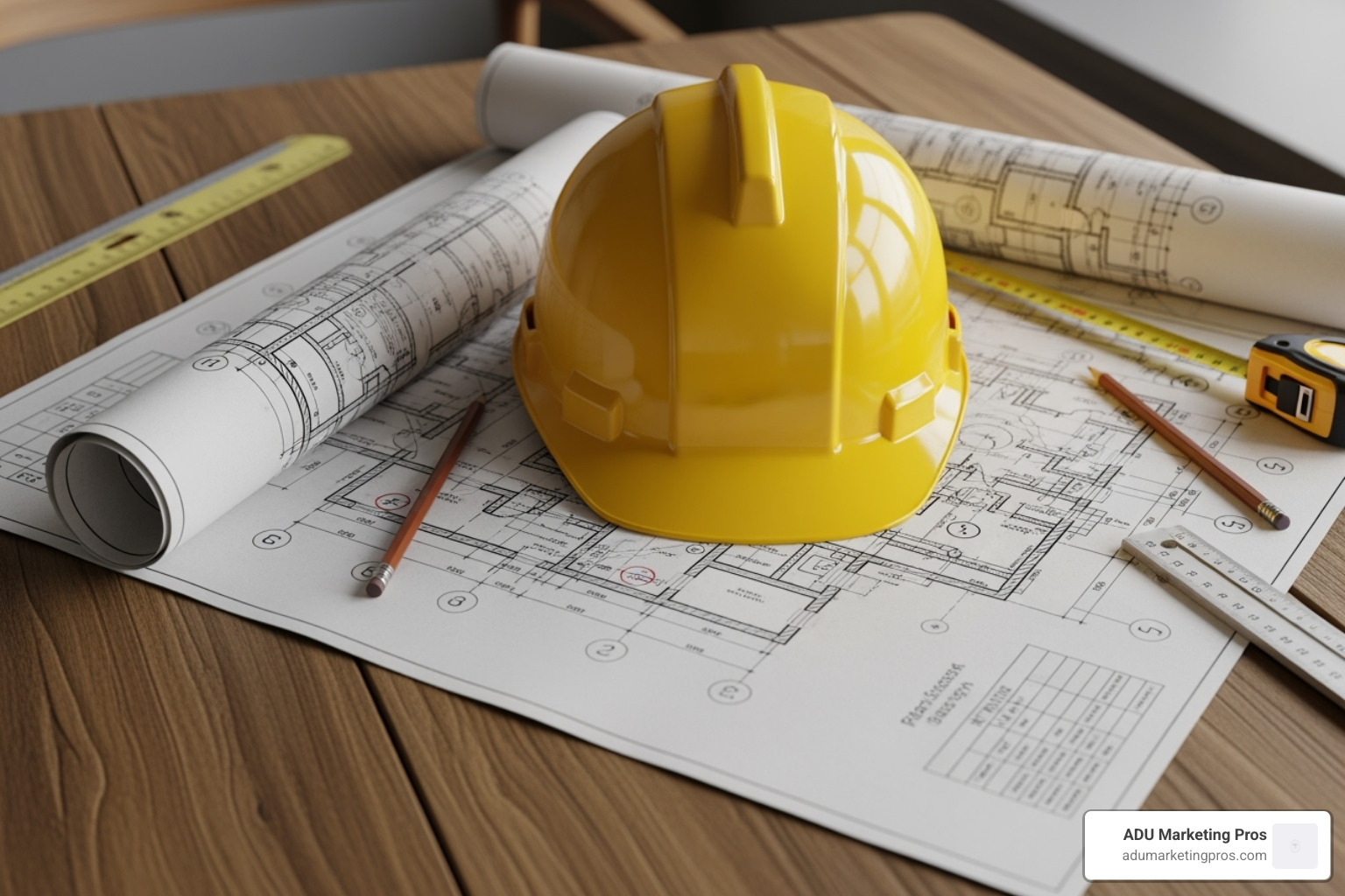 Blueprint and a hard hat on a wooden table - Tiny house SoCal Blueprint and a hard hat on a wooden table - Tiny house SoCal