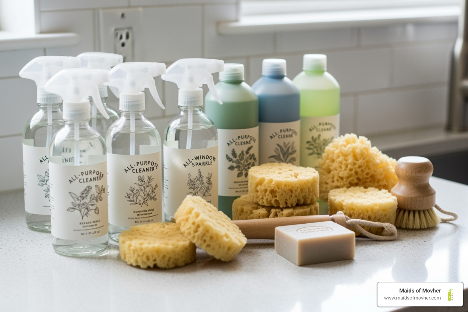 eco-friendly cleaning products on a countertop - monthly cleaning services washington