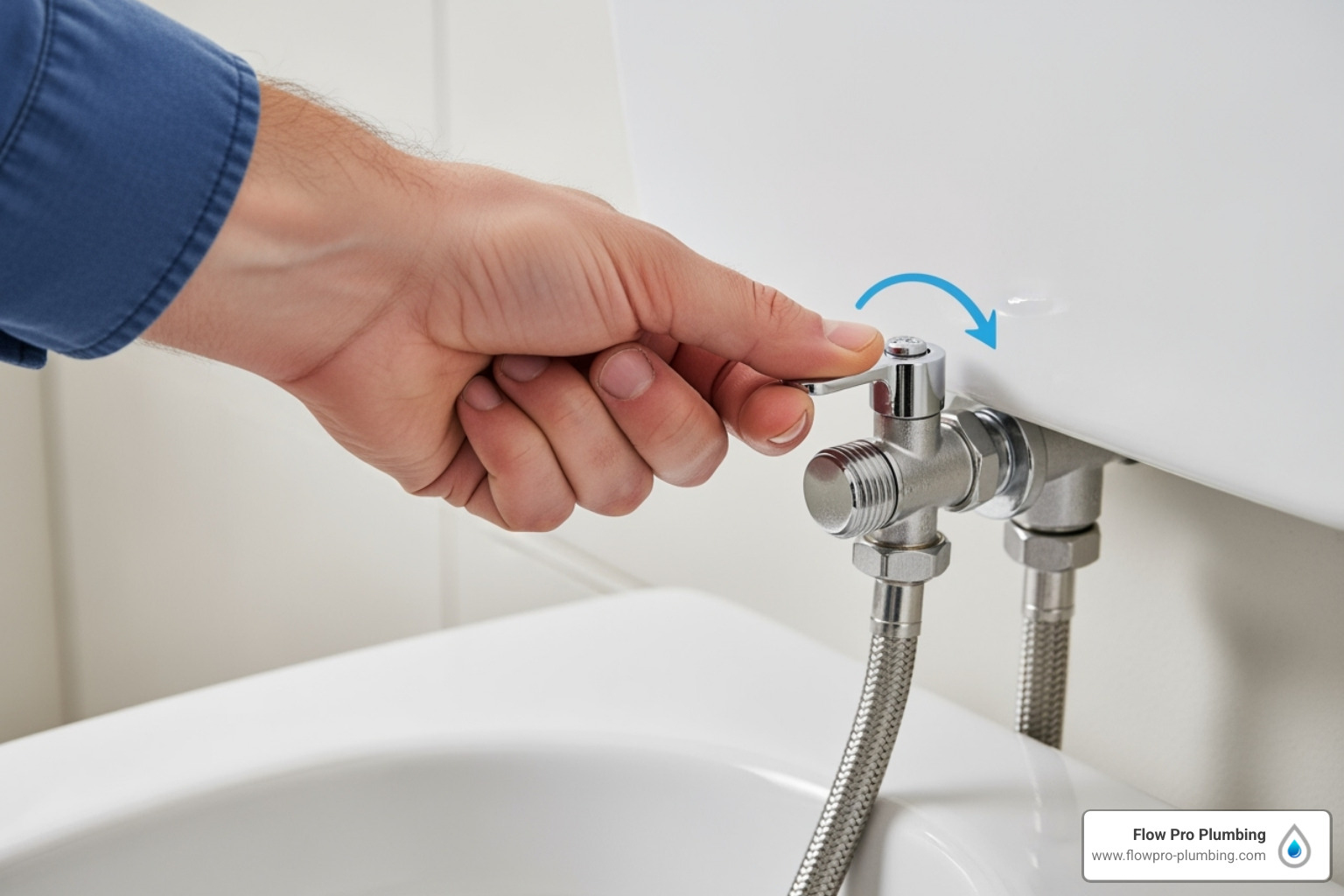 A hand turning the toilet's water supply shutoff valve clockwise - running toilet fix A hand turning the toilet's water supply shutoff valve clockwise - running toilet fix
