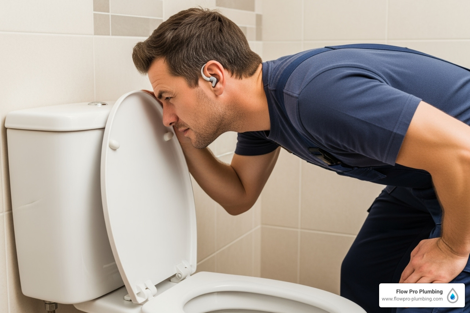 Person listening intently to a toilet tank for sounds - running toilet fix Person listening intently to a toilet tank for sounds - running toilet fix