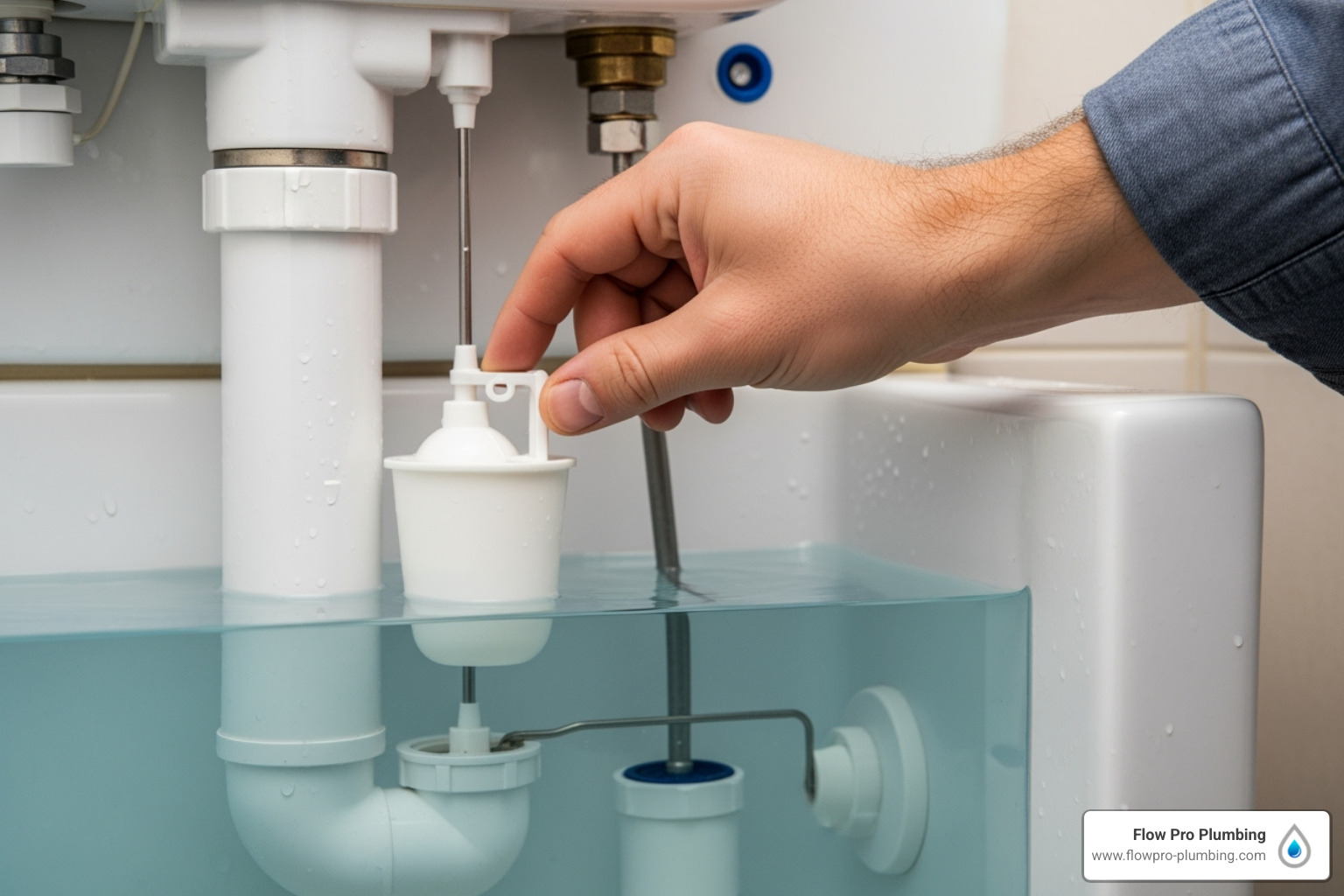 A hand adjusting a modern cup-style toilet float mechanism - running toilet fix A hand adjusting a modern cup-style toilet float mechanism - running toilet fix