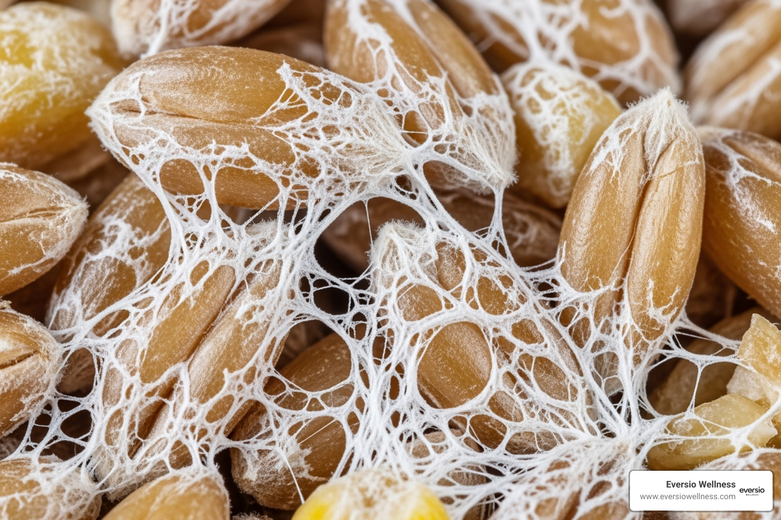 Macro photograph of white mycelium threads fully colonising grain kernels, a clear illustration for the mycelium vs fruiting body debate. Macro photograph of white mycelium threads fully colonising grain kernels, a clear illustration for the mycelium vs fruiting body debate.
