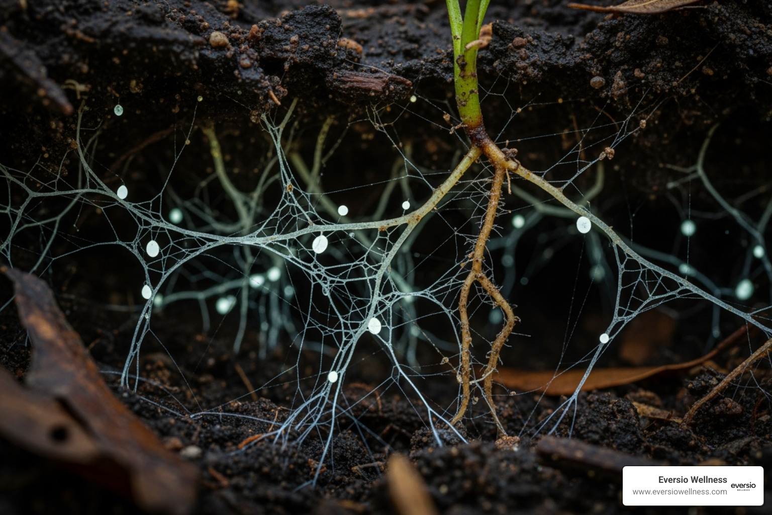 Close-up illustration of the delicate white mycelium network in the soil, crucial for understanding the mycelium vs fruiting body difference. Close-up illustration of the delicate white mycelium network in the soil, crucial for understanding the mycelium vs fruiting body difference.