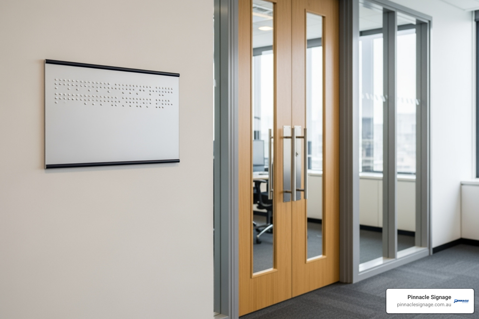 Compliant braille sign placement for a set of double doors in an Australian office - braille signage height requirements