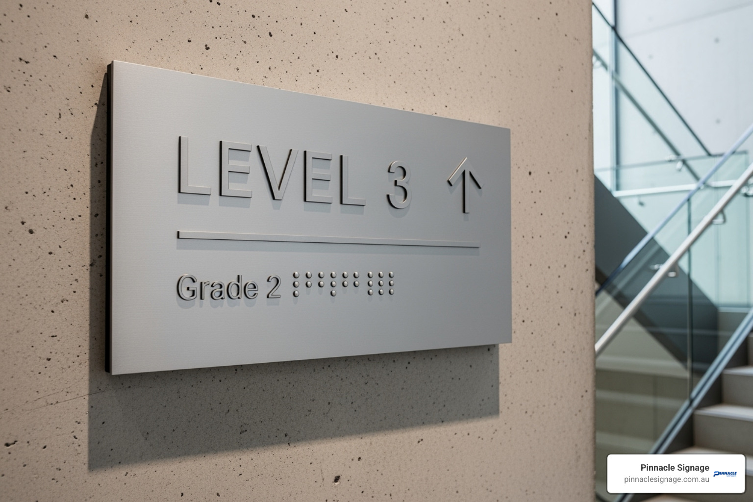 Compliant braille sign in a stairwell identifying the floor level in an Australian building - braille signage height requirements
