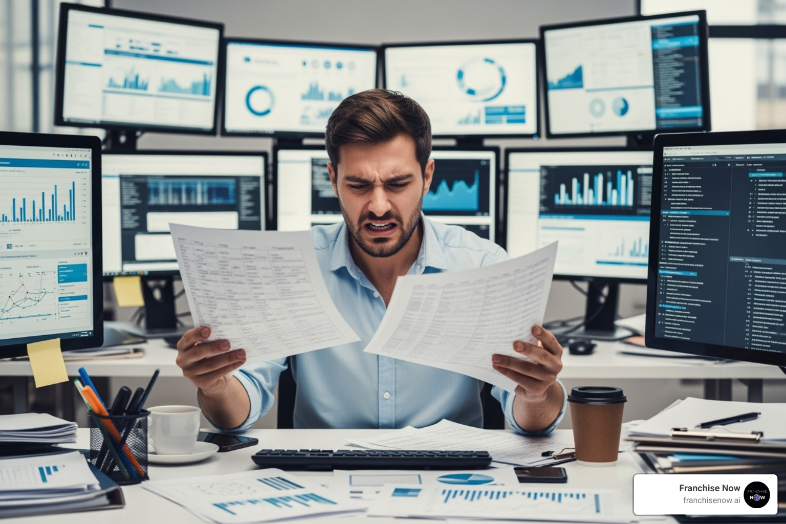 frustrated marketer juggling multiple spreadsheets and platforms - franchise marketing platform frustrated marketer juggling multiple spreadsheets and platforms - franchise marketing platform