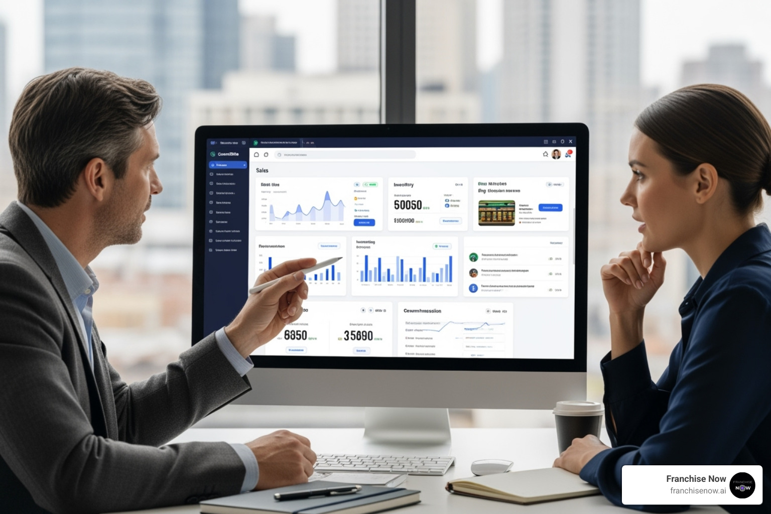 franchisor and franchisee collaborating within a platform interface - franchise marketing platform franchisor and franchisee collaborating within a platform interface - franchise marketing platform