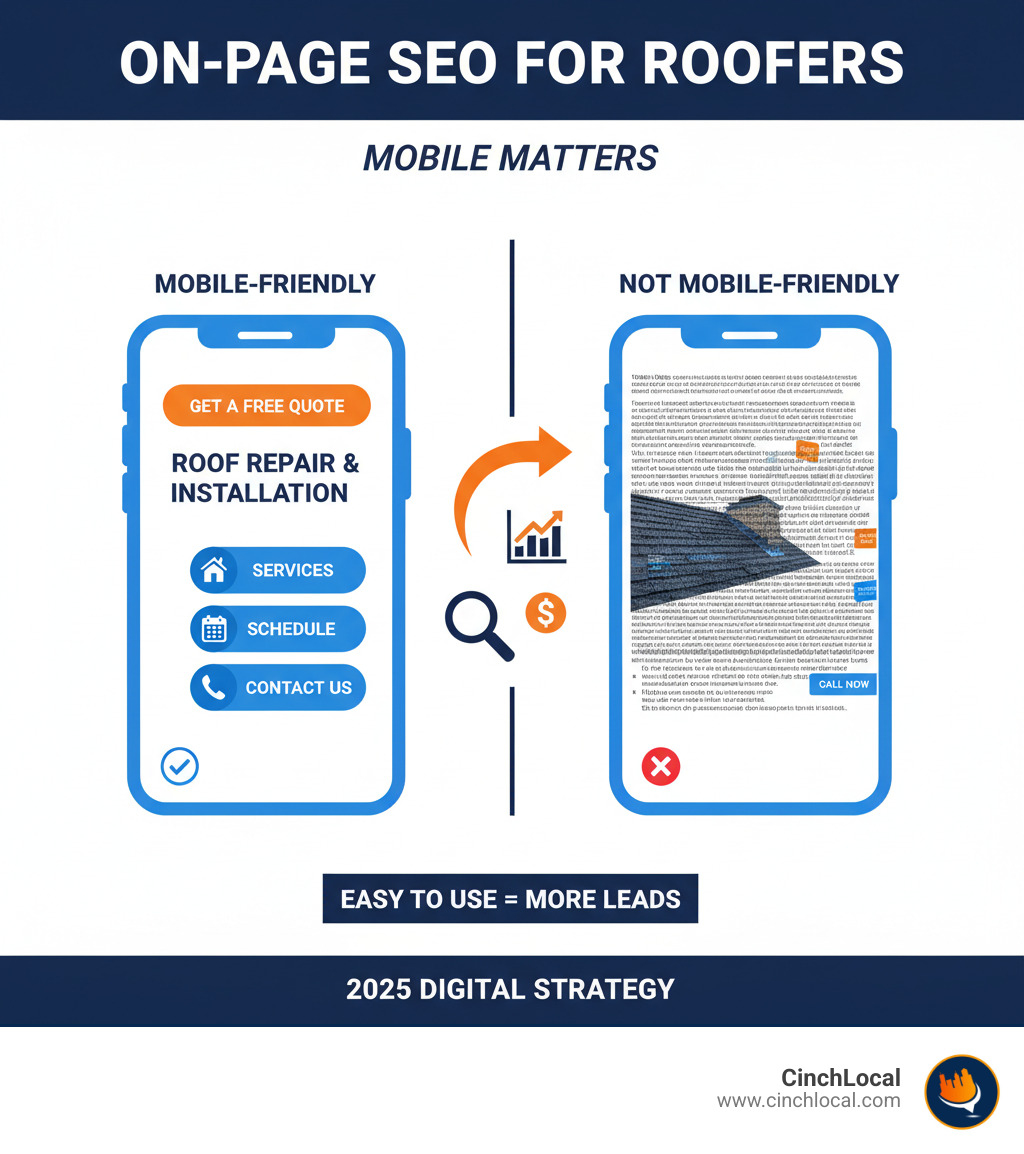 A split image showing a mobile-friendly roofing website on the left with clear text and clickable buttons, and a non-mobile-friendly website on the right with tiny text and overlapping elements - On-page SEO for roofers