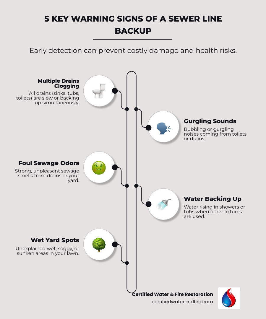 Infographic showing 5 key warning signs of sewer line backup: 1. Multiple drains clogging simultaneously, 2. Gurgling sounds from toilets and drains, 3. Foul sewage odors from drains or yard, 4. Water backing up in showers or tubs, 5. Wet spots or pooling water in yard near sewer line - sewer line backup infographic infographic-line-5-steps-elegant_beige