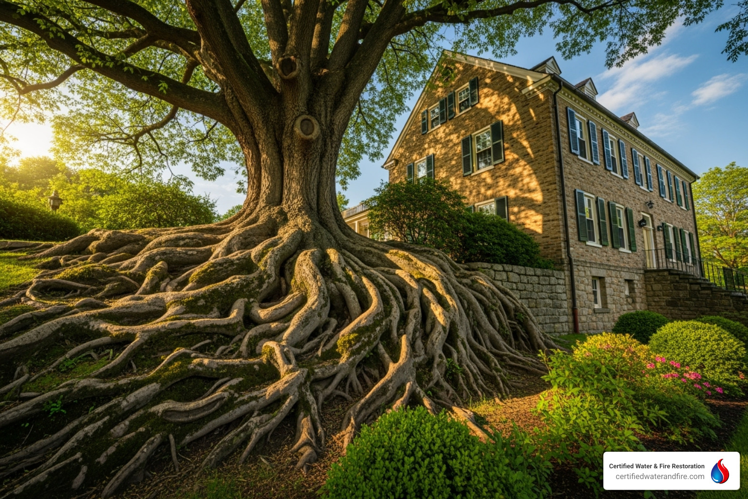 large tree with roots visibly near a house foundation - sewer line backup