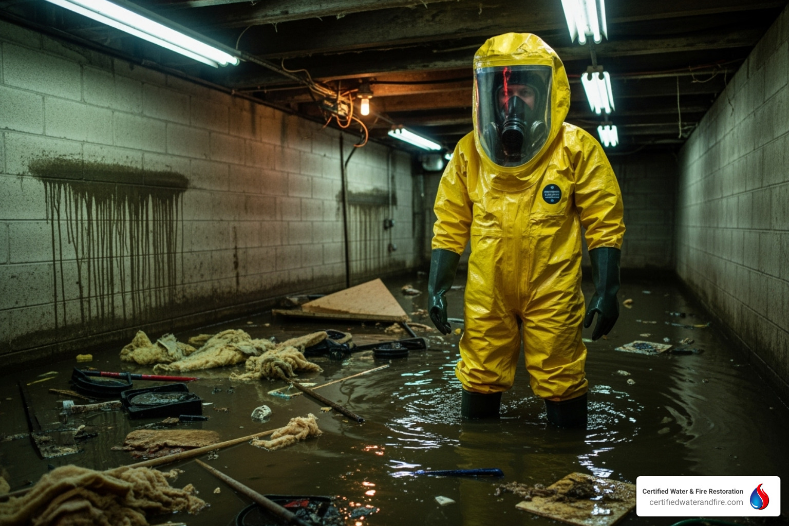 person wearing full PPE (gloves, mask, boots) - sewer line backup