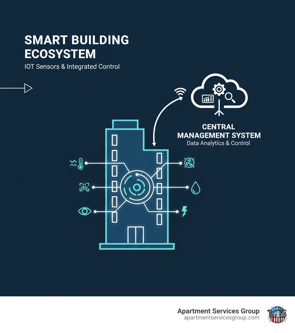 infographic showing IoT sensors in building connected to central management system - property & facilities management infographic infographic showing IoT sensors in building connected to central management system - property & facilities management infographic