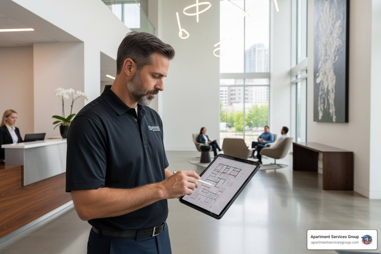 facility manager reviewing blueprints on tablet in a modern building lobby - property & facilities management facility manager reviewing blueprints on tablet in a modern building lobby - property & facilities management