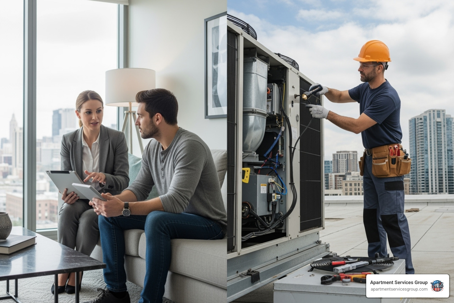 split screen of property manager with tenant and facility manager inspecting HVAC - property & facilities management split screen of property manager with tenant and facility manager inspecting HVAC - property & facilities management