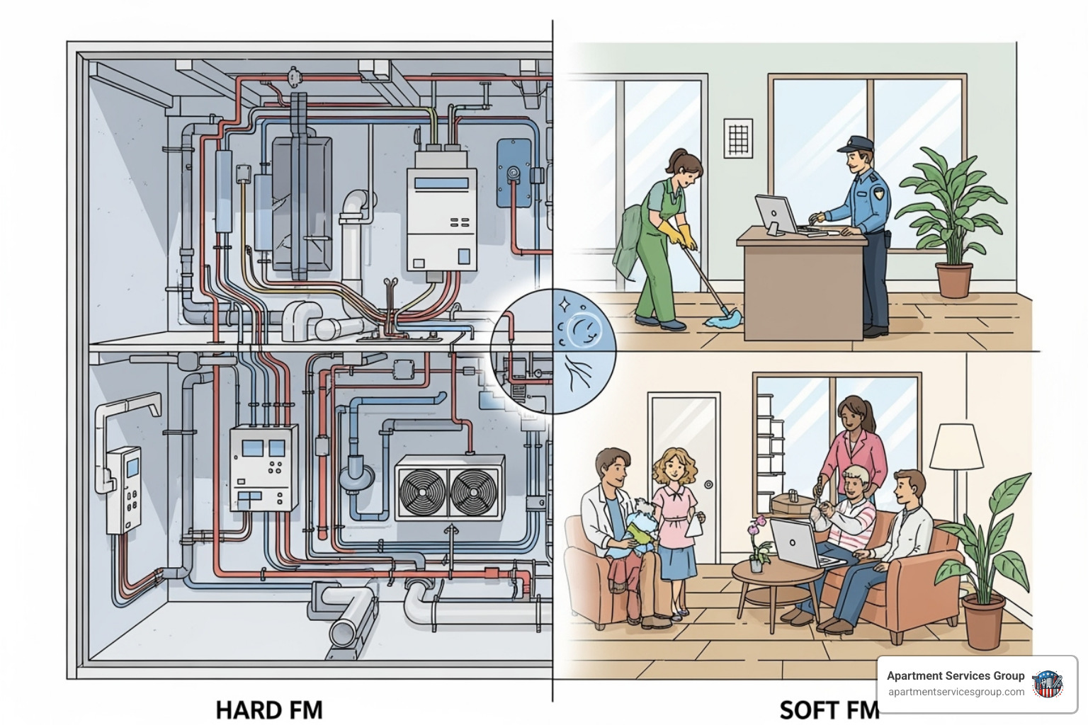 illustration of Hard FM (building fabric) and Soft FM (services for people) - property & facilities management illustration of Hard FM (building fabric) and Soft FM (services for people) - property & facilities management