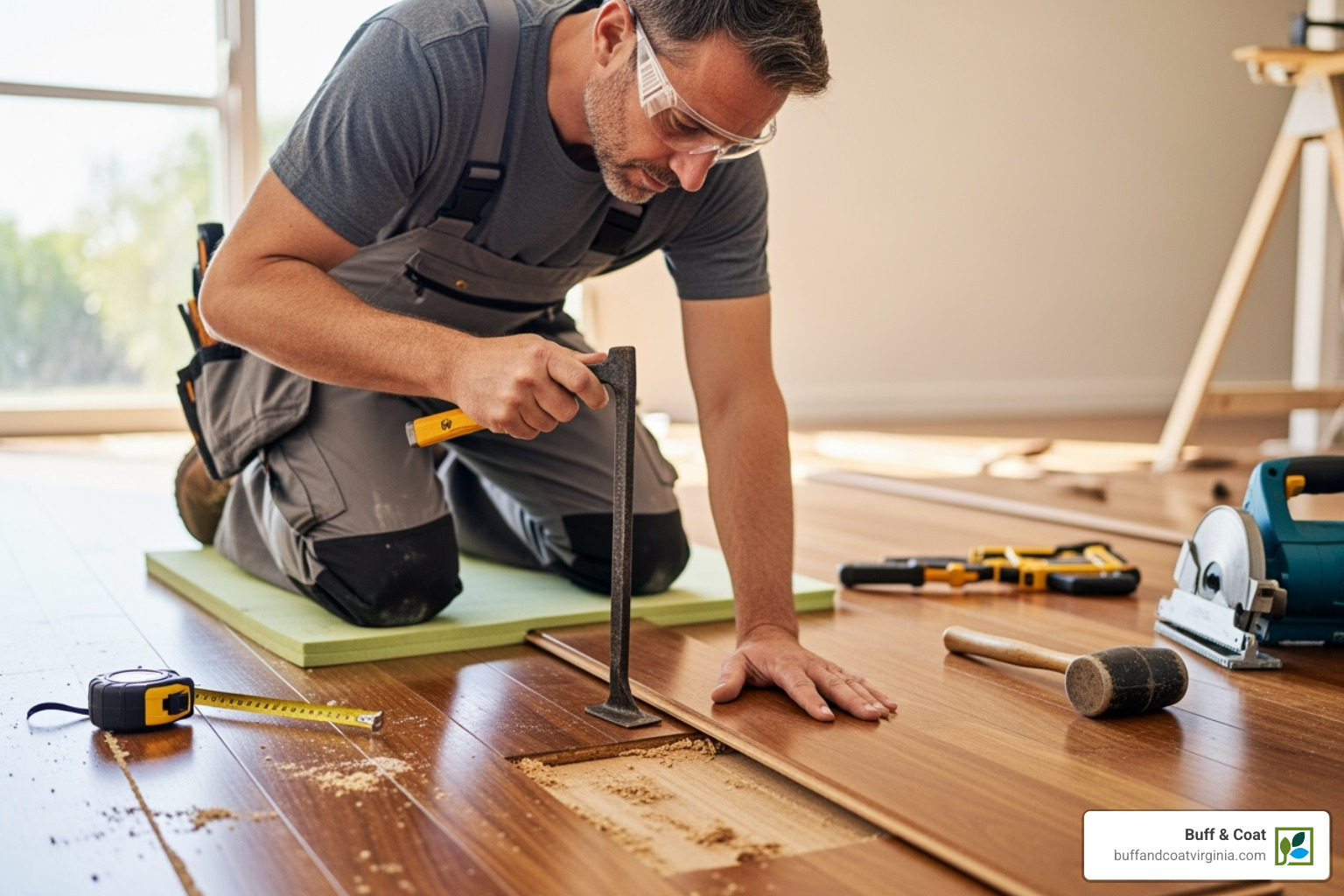 Professional flooring contractor carefully replacing a damaged floorboard, ensuring a seamless fit - repair damaged wood floor Professional flooring contractor carefully replacing a damaged floorboard, ensuring a seamless fit - repair damaged wood floor