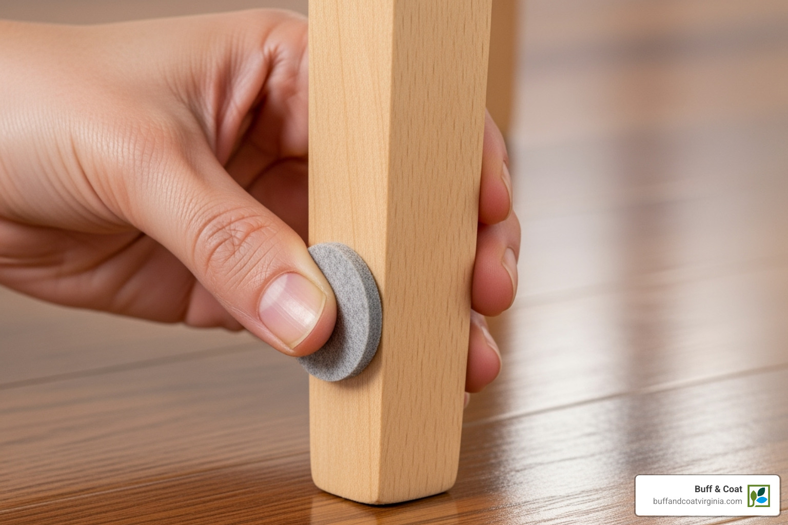 Felt pads being applied to the legs of a wooden chair - repair damaged wood floor Felt pads being applied to the legs of a wooden chair - repair damaged wood floor