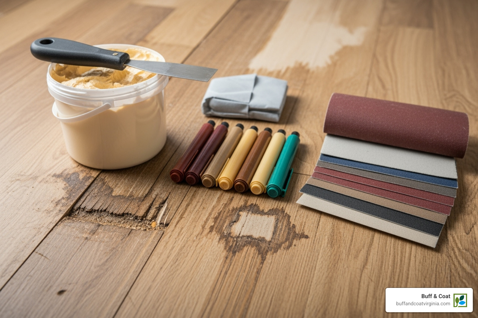 DIY wood floor repair kit with wood filler, stain pens, sandpaper, and a putty knife - repair damaged wood floor DIY wood floor repair kit with wood filler, stain pens, sandpaper, and a putty knife - repair damaged wood floor