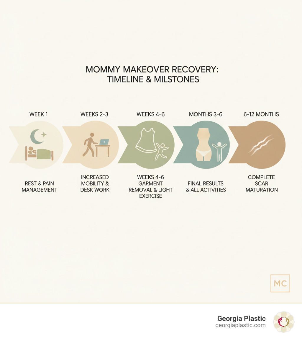 infographic showing mommy makeover recovery timeline with key milestones at week 1 showing rest and pain management, weeks 2-3 showing increased mobility and return to desk work, weeks 4-6 showing compression garment removal and light exercise, months 3-6 showing final results emerging and resuming all activities, and 6-12 months showing complete scar maturation - mommy makeover after care infographic infographic showing mommy makeover recovery timeline with key milestones at week 1 showing rest and pain management, weeks 2-3 showing increased mobility and return to desk work, weeks 4-6 showing compression garment removal and light exercise, months 3-6 showing final results emerging and resuming all activities, and 6-12 months showing complete scar maturation - mommy makeover after care infographic