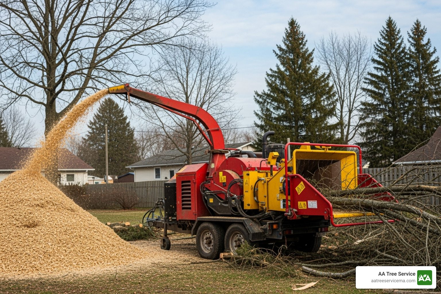 large wood chipper processing branches - full tree removal service large wood chipper processing branches - full tree removal service