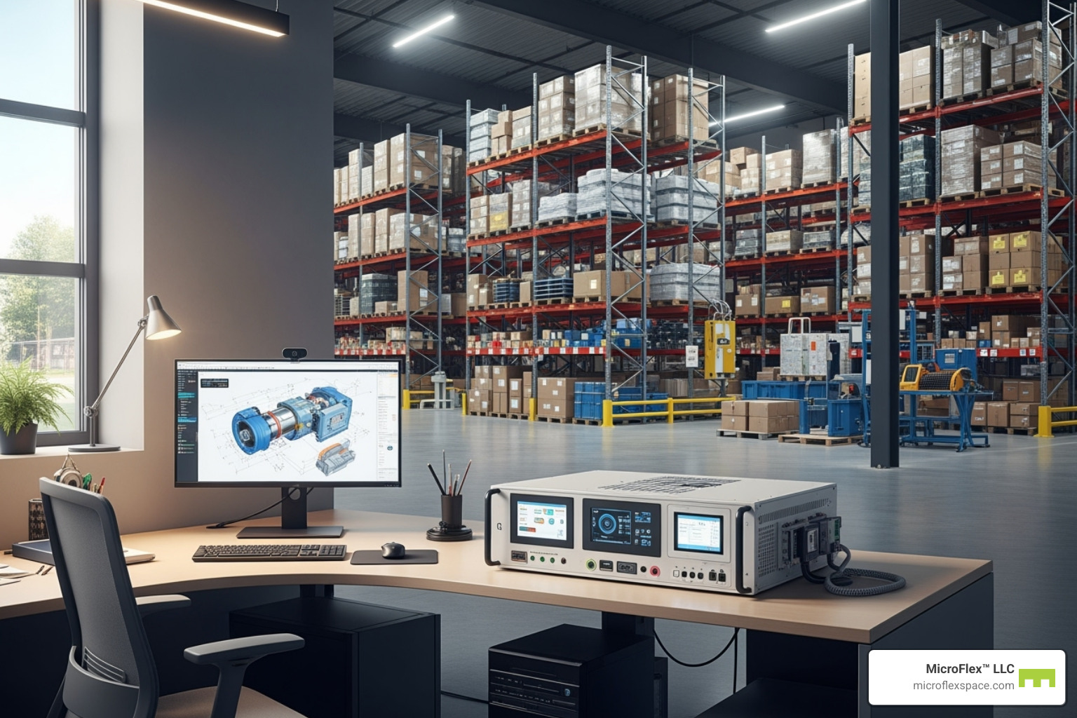 versatile Microflex unit with an office desk area in the foreground and warehouse racking in the background - Microflex Space for Christmas Lighting Businesses