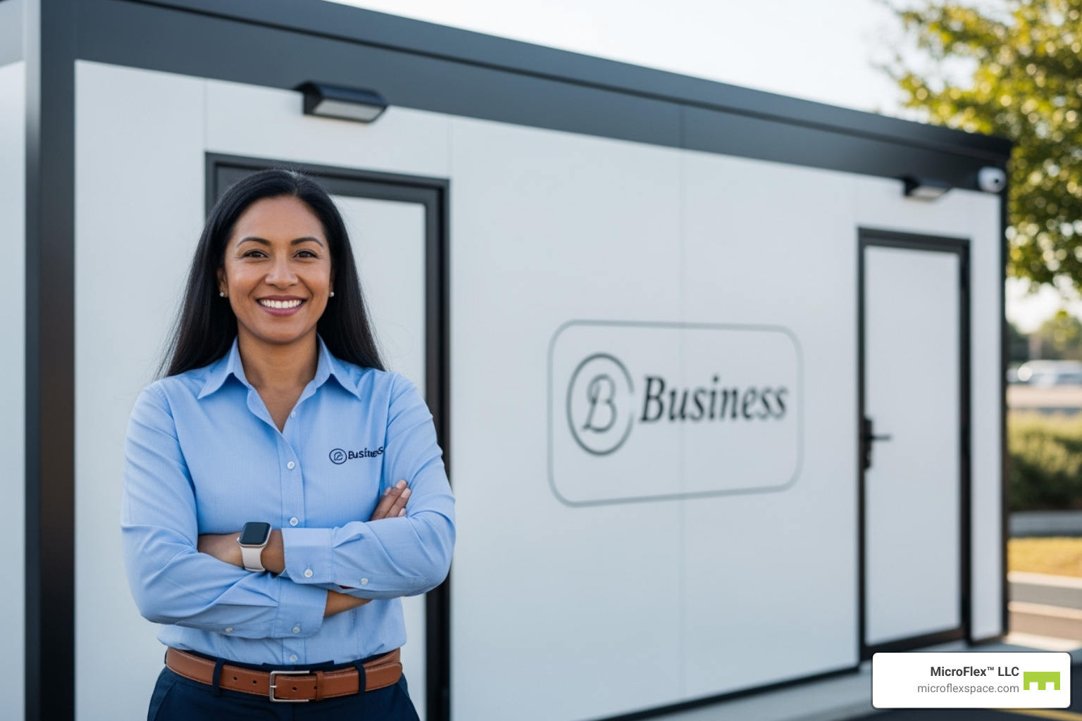 smiling business owner standing in front of their branded Microflex unit - Microflex Space for Christmas Lighting Businesses