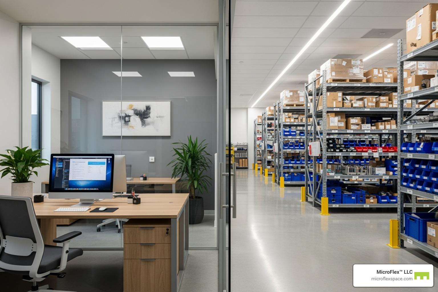 Interior of an organized Microflex unit with office and warehouse space - Microflex Space for Contractors