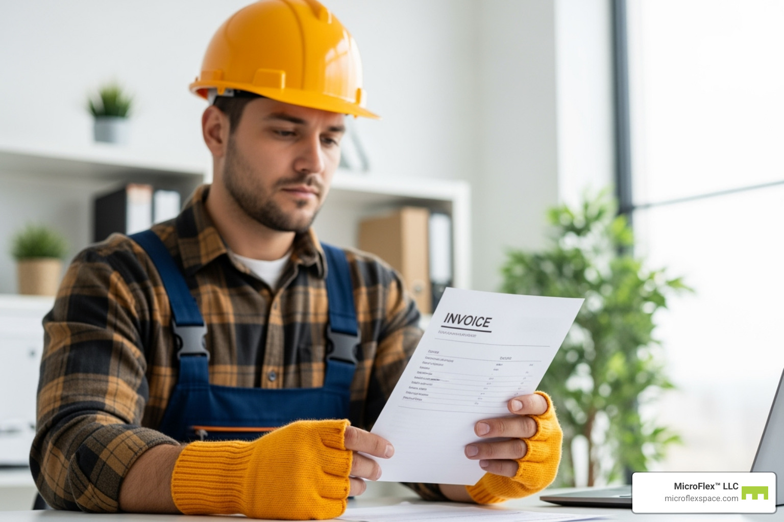 Contractor reviewing a simple, clear invoice - Microflex Space for Contractors