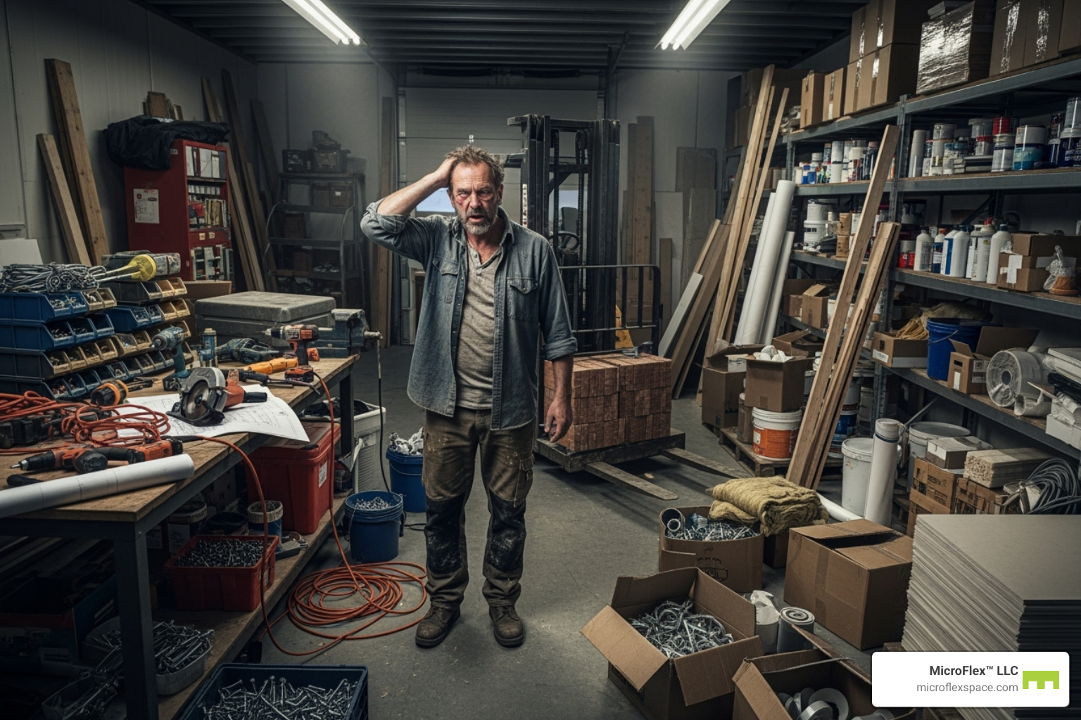 Contractor looking stressed while organizing inventory - Microflex Space for Contractors