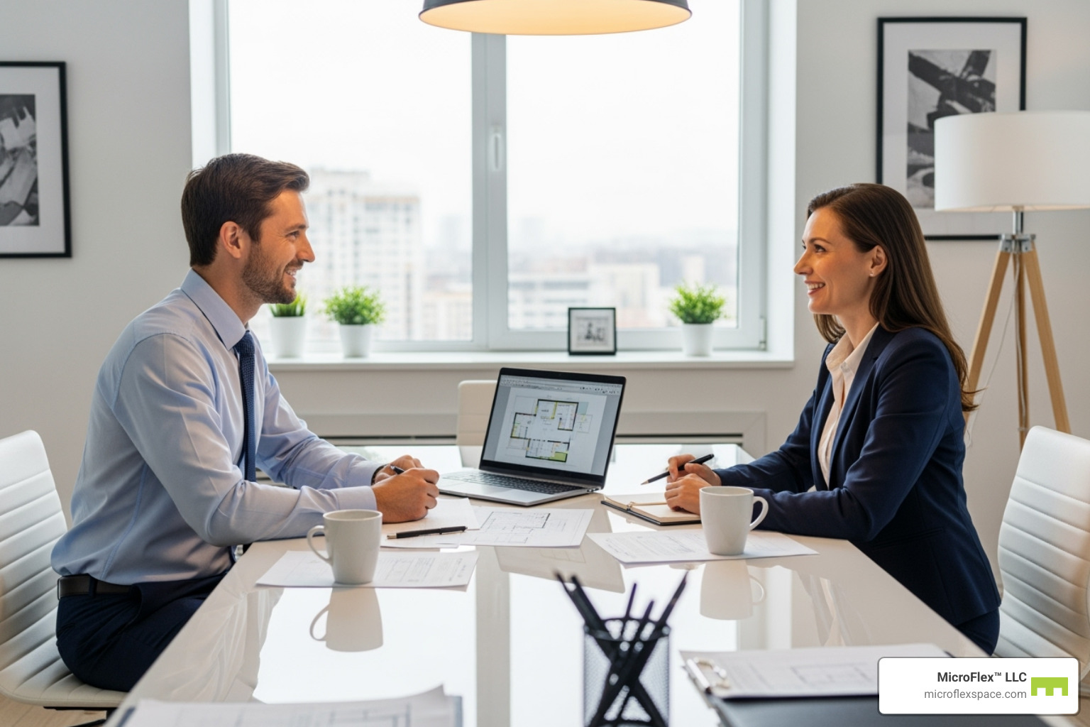 Contractor confidently meeting a client in their Microflex office space - Microflex Space for Contractors