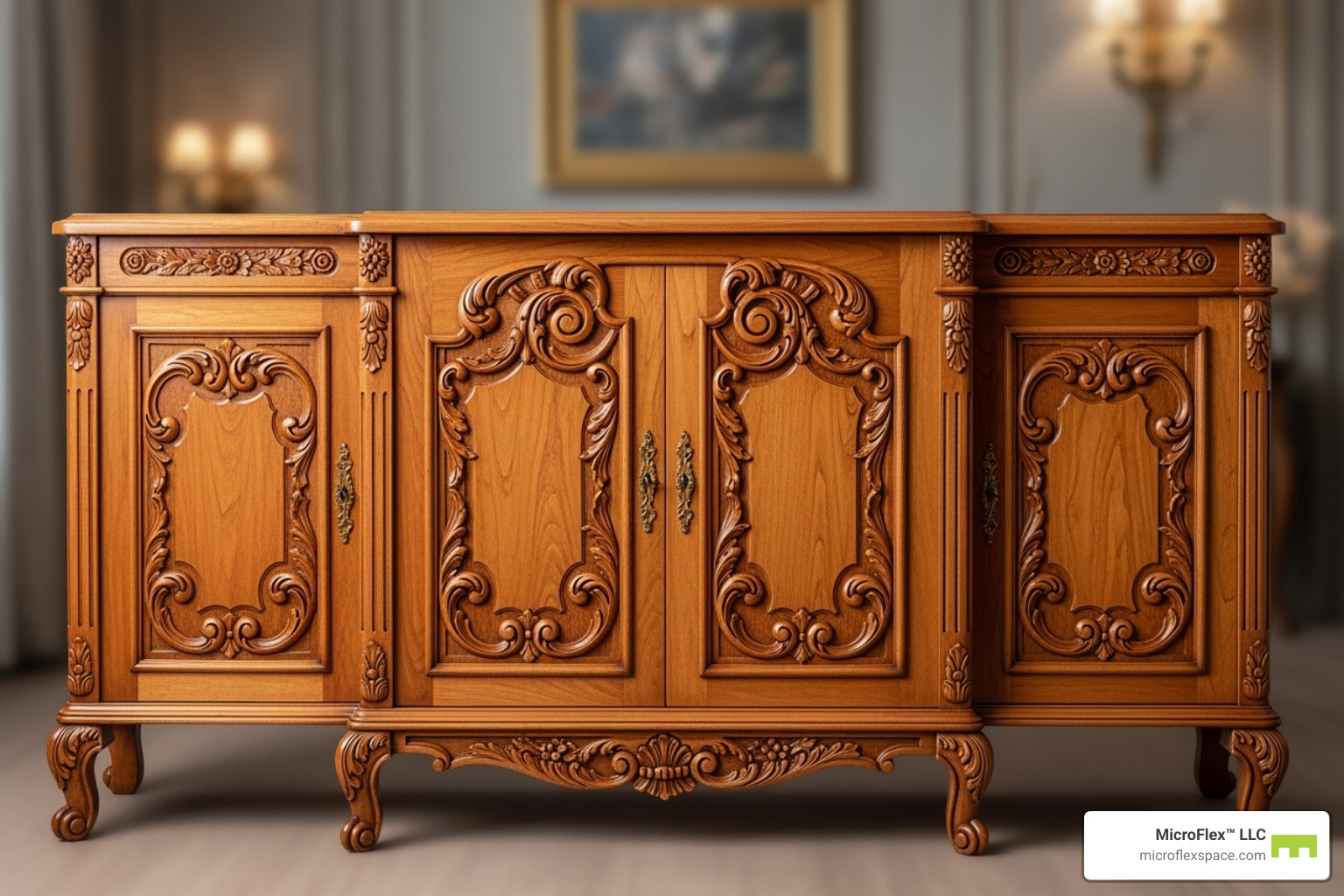 A beautifully restored wooden cabinet with intricate details - Furniture restoration studio A beautifully restored wooden cabinet with intricate details - Furniture restoration studio