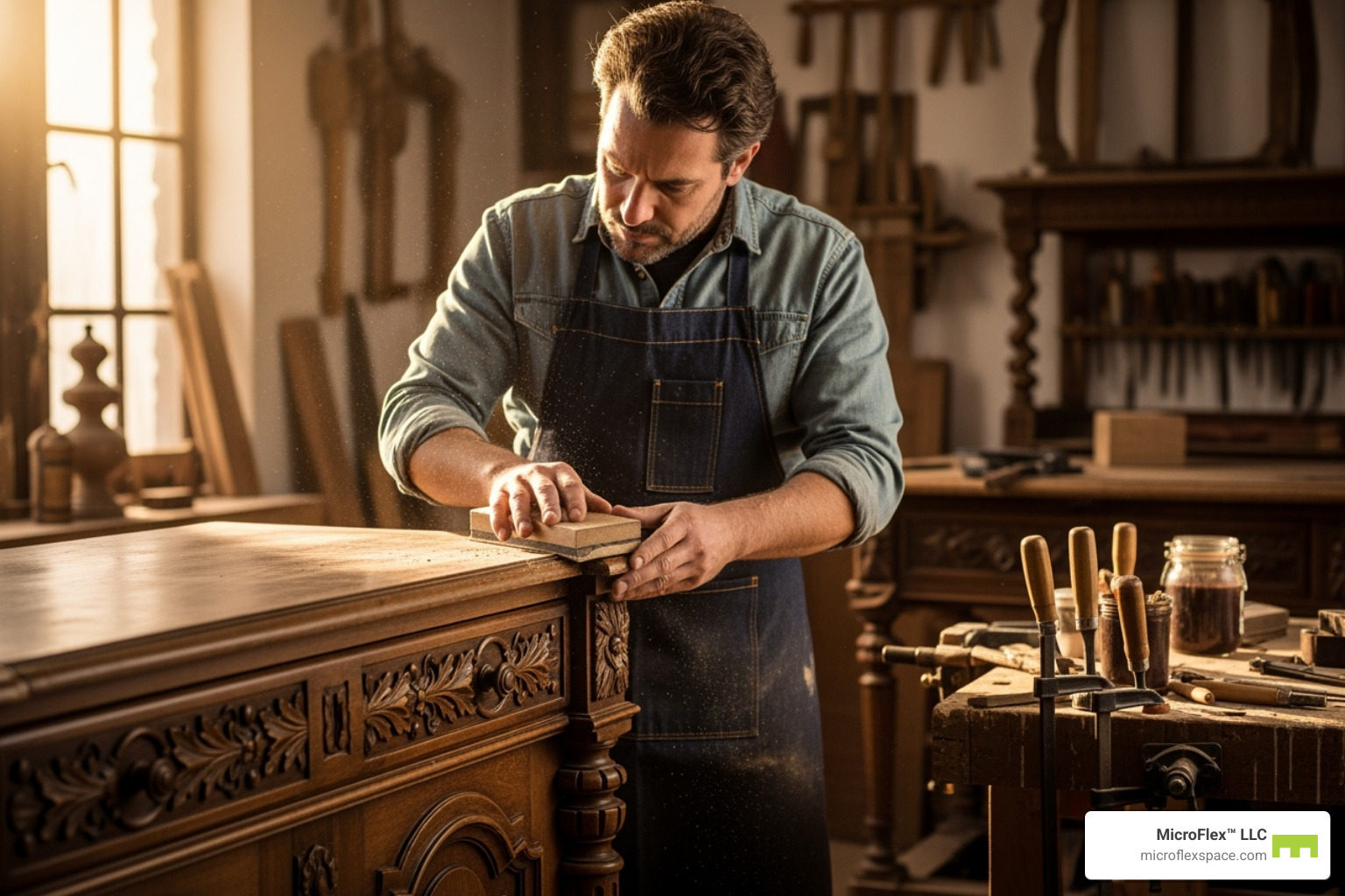 A craftsman carefully sanding a piece of antique furniture - Furniture restoration studio A craftsman carefully sanding a piece of antique furniture - Furniture restoration studio