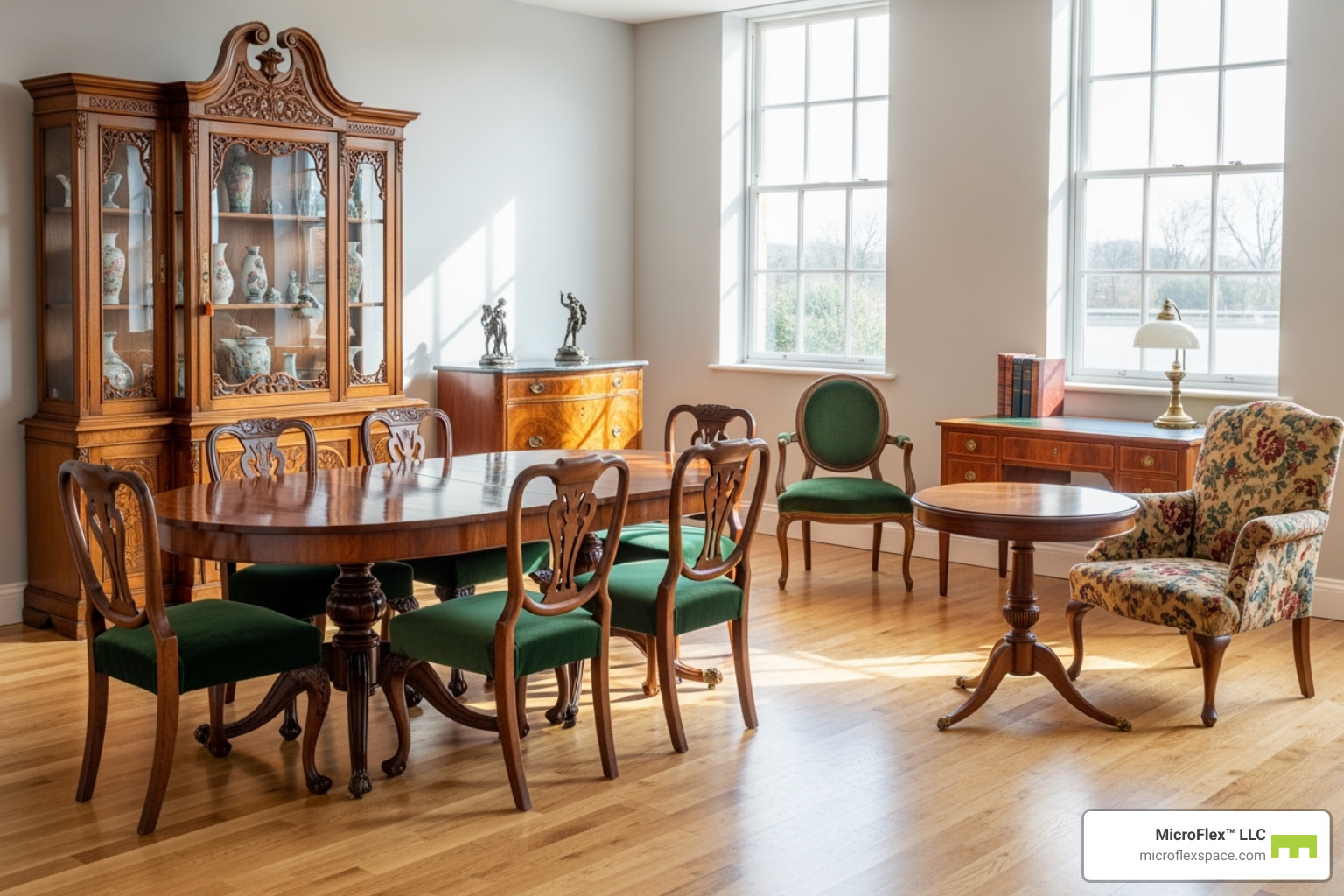 A collection of beautifully restored antique furniture pieces in a bright studio - Furniture restoration studio A collection of beautifully restored antique furniture pieces in a bright studio - Furniture restoration studio
