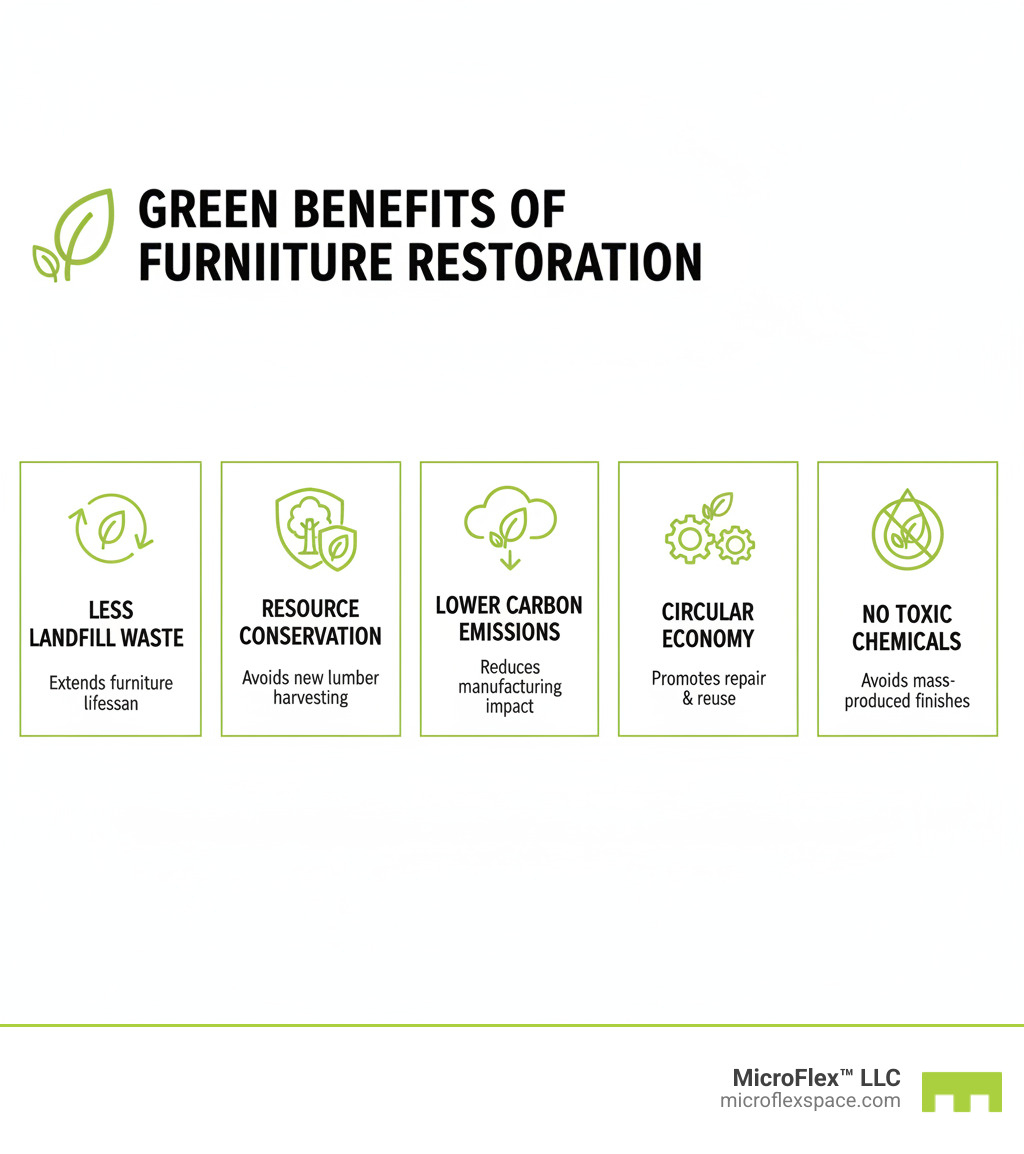 Infographic showing environmental benefits of furniture restoration: reduces landfill waste by extending furniture lifespan, conserves natural resources by avoiding new lumber harvesting, lowers carbon emissions compared to manufacturing new furniture, promotes circular economy through repair and reuse, and eliminates toxic chemicals found in mass-produced furniture - Furniture restoration studio infographic Infographic showing environmental benefits of furniture restoration: reduces landfill waste by extending furniture lifespan, conserves natural resources by avoiding new lumber harvesting, lowers carbon emissions compared to manufacturing new furniture, promotes circular economy through repair and reuse, and eliminates toxic chemicals found in mass-produced furniture - Furniture restoration studio infographic