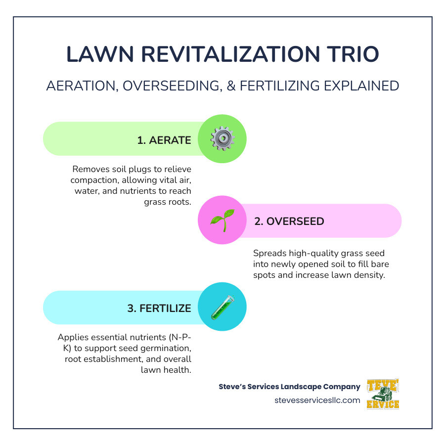 Infographic showing the three-step process of aeration overseeding and fertilizing: Step 1 shows a core aerator removing soil plugs to relieve compaction and improve root access to water and nutrients; Step 2 shows grass seed being spread over the aerated lawn to fill bare spots and increase density; Step 3 shows fertilizer application providing essential nutrients for seed germination and root establishment, with arrows indicating how all three work together to create optimal conditions for a healthy lawn ecosystem - aeration overseeding and fertilizing infographic infographic-line-3-steps-colors