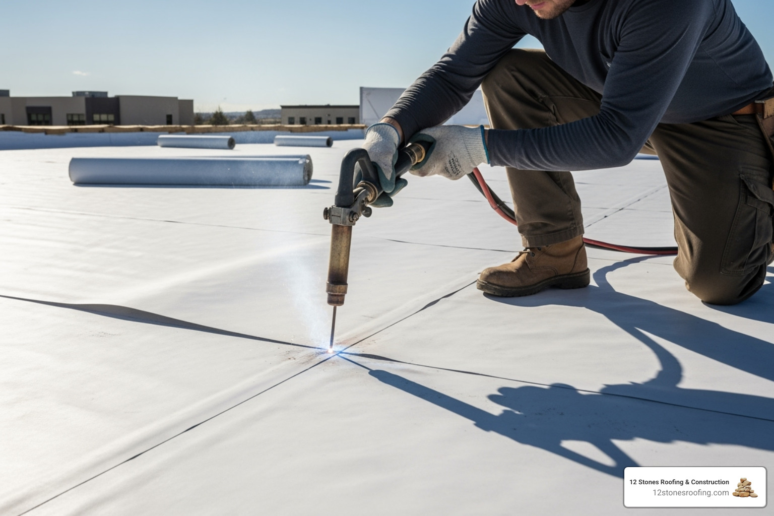 Roofer using a hot-air welder on TPO membrane - new flat roof installation
