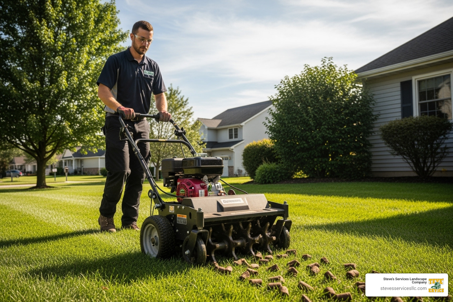 a professional lawn care technician operating a core aerator on a lawn - aeration overseeding and fertilizing