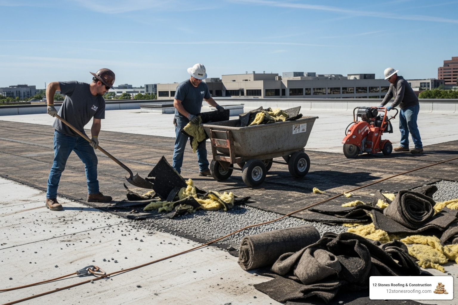 Roofing crew removing old roofing material - new flat roof installation