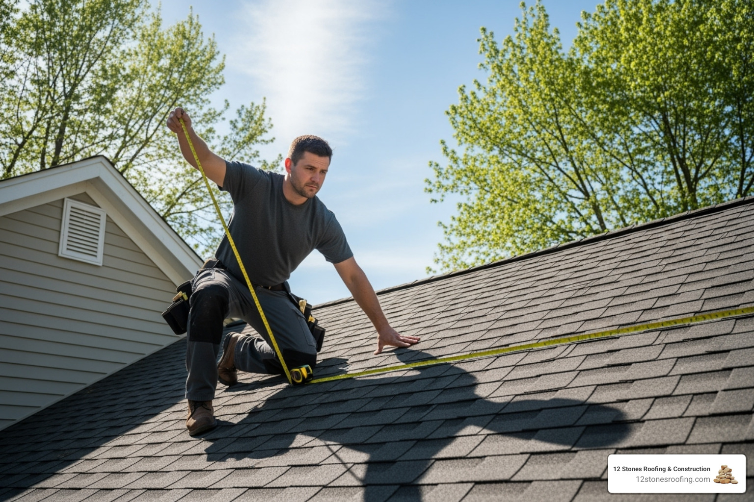 a roofing professional inspecting shingles and taking measurements - free roof replacement estimate