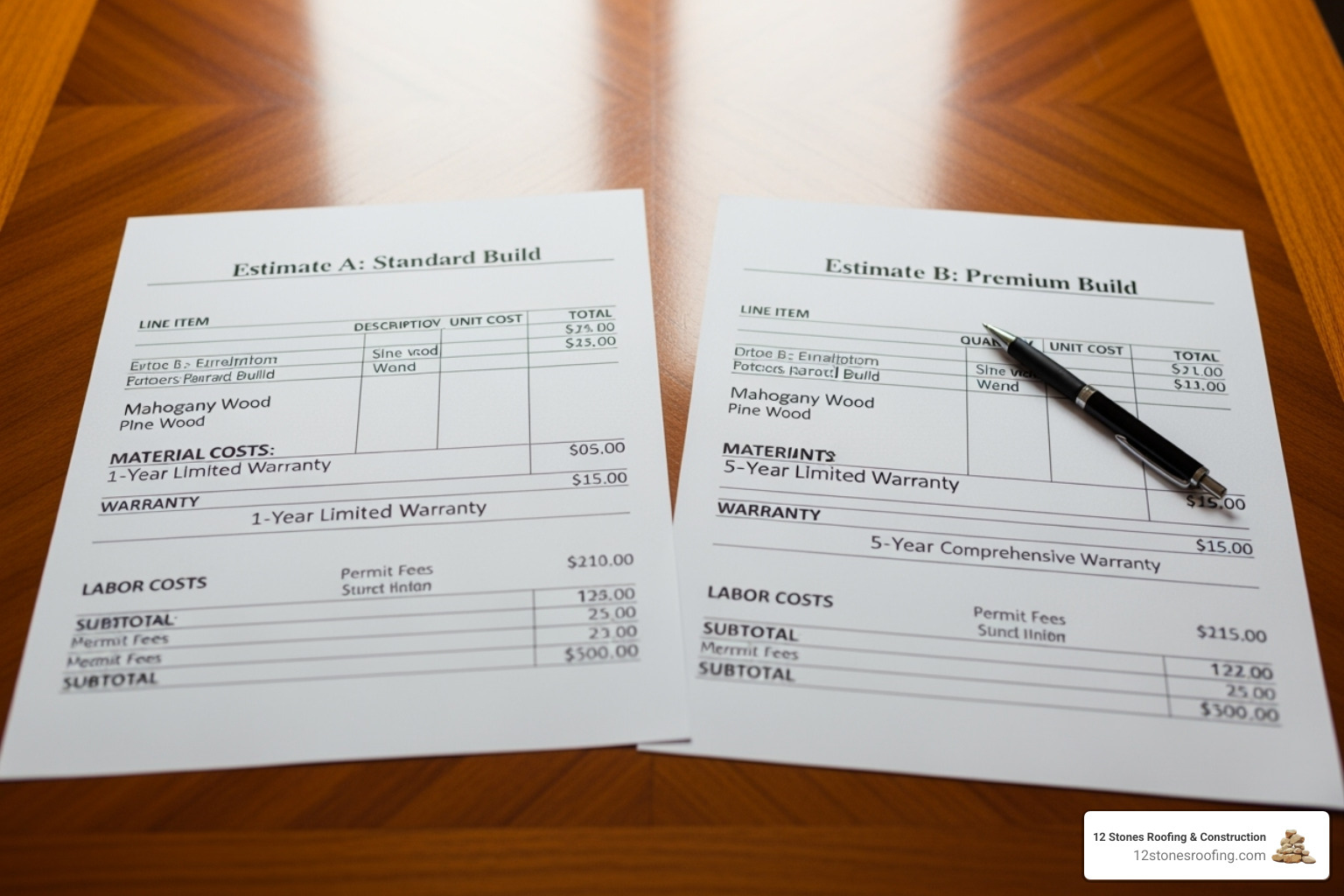 table comparing two sample estimates side-by-side, highlighting differences in materials, warranties, and line items - free roof replacement estimate