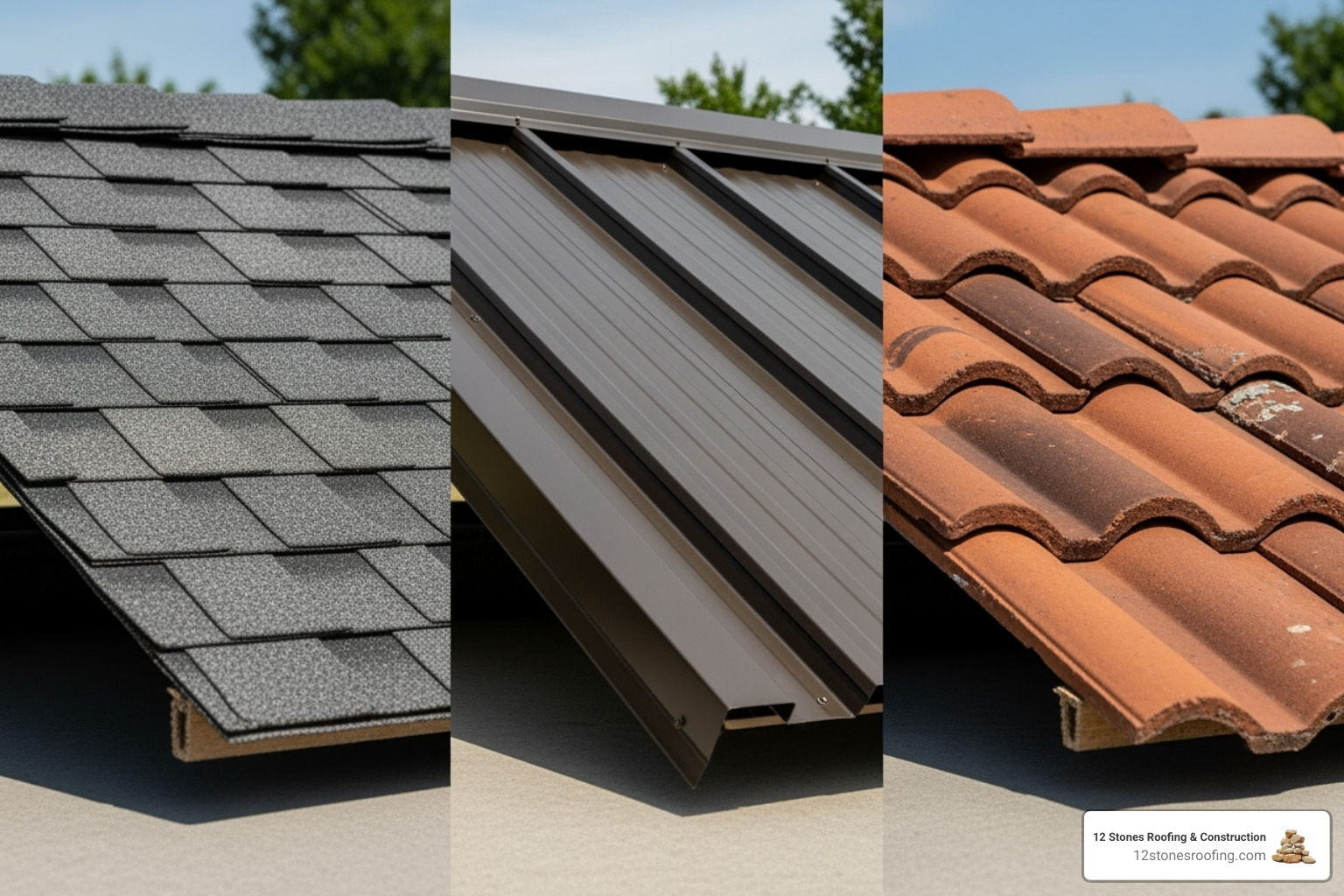 displaying various roofing materials such as asphalt shingles, metal, and tile - free roof replacement estimate