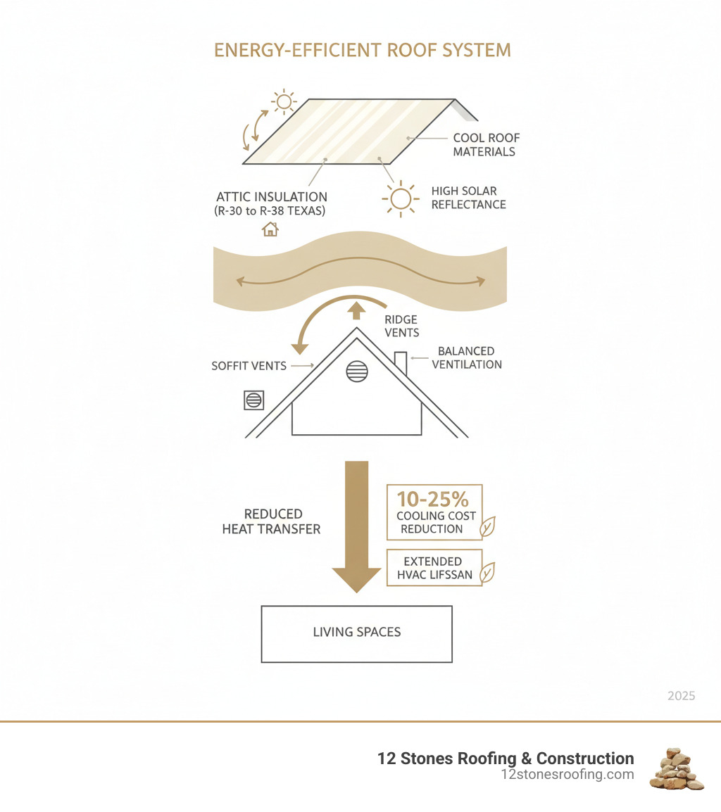 Infographic showing the key components of an energy-efficient roof system: cool roof materials with high solar reflectance at the top layer, proper attic insulation (R-30 to R-38) in the middle, balanced ventilation with soffit and ridge vents, and arrows showing reduced heat transfer into living spaces below, with annotations for 10-25% cooling cost reduction and extended HVAC lifespan - energy efficient roof replacement infographic 