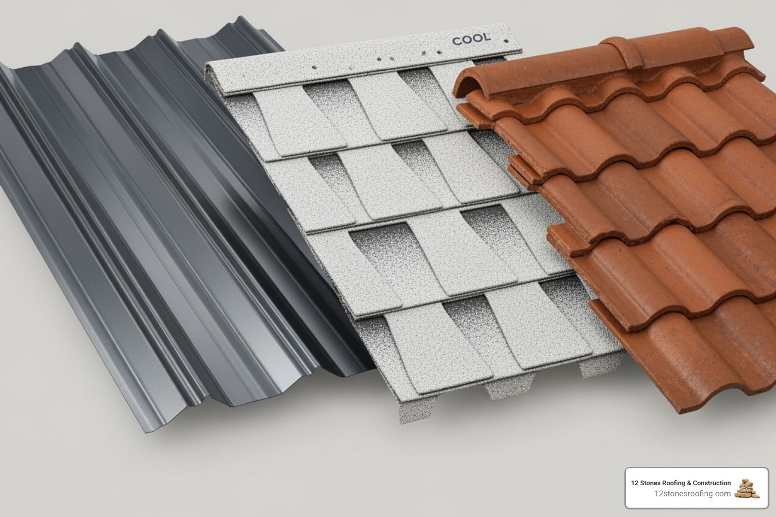 roofing material samples: metal, cool asphalt shingles, and tile - energy efficient roof replacement