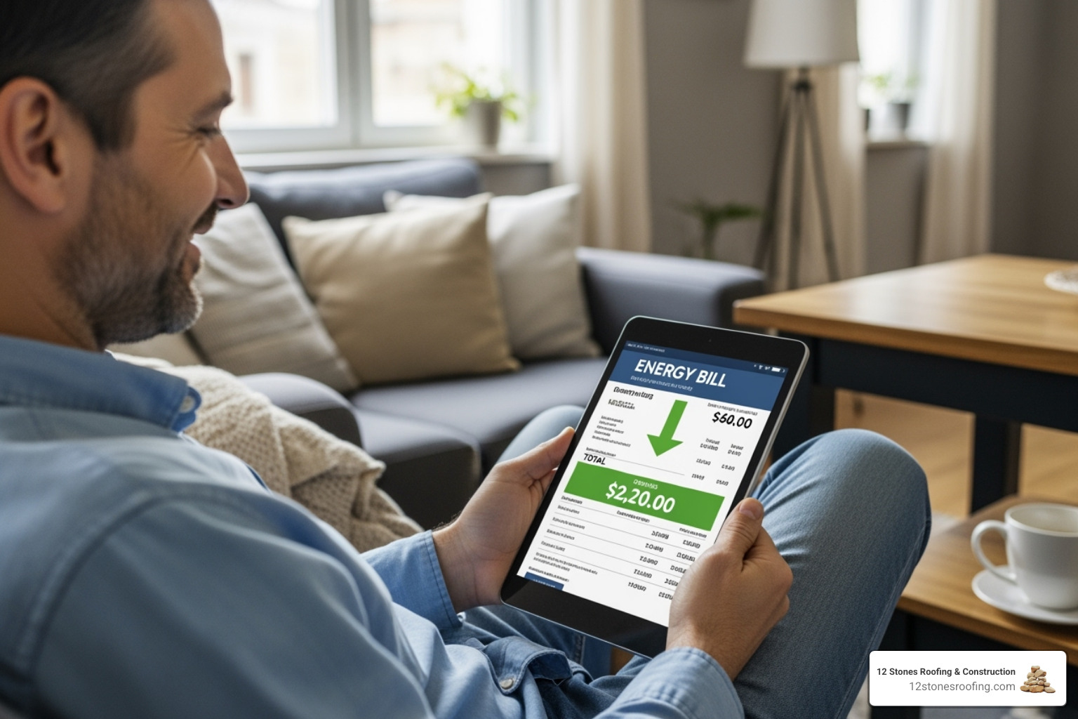 a homeowner viewing a lower energy bill on their tablet - energy efficient roof replacement